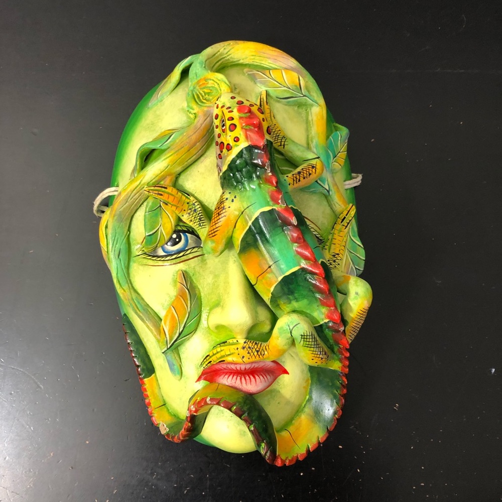 Unique Colorful Ceramic Painted Face Mask with Iguana Mexican Wall Art Decor